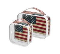 2 Pack Clear Travel Makeup Cosmetic Toiletry Bag Vintage America Flag for Women Men Girls, USA Flag Cosmetic Wash Organizer Bag for Travel Essentials