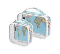 2 Pack Clear Travel Makeup Cosmetic Toiletry Bag World Map Old for Women Men Girls, Education Cosmetic Wash Organizer Bag for Travel Essentials