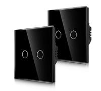 2-Pack CNBINGO 1-Way Touch Light Switch - Black Wall Switch with Glass Panel and Status-LED Backlight - No Neutral Wire Required - 500 W/Fach - 2 Gang