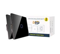 2 Pack CNBINGO 2-Way Dimmer Switch for LED Lights, Single Black Touch Light Switch, No Neutral Wire Required, Tempered Glass Panel with LED Backlight, 1-Gang, AC 240V 200W