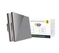 2 Pack CNBINGO 2-Way Touch Light Switch, Double Grey Wall Switch, Glass Panel with LED Backlight, No Neutral Wire Required, 2-Gang, AC 240V 800W/Gang