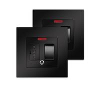 2 Pack CNBINGO Switched Fused Connection Unit with Red Power Indicator, Rocker Spur Switch with Ceramic Tube Cartridge Fuse (BS1362, 6.3x25 mm), Black Screwless PC Wall Plate