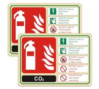 2 Pack CO2 Fire Extinguisher Sign，250mm x 180mm Rust Free Aluminum Sign, Weather Resistant, Waterproof, Durable Ink, Easy to Install