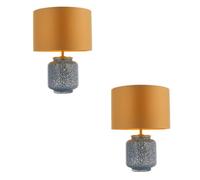 2 Pack Cobalt Glass Base Table Lamp Light & Gold Fabric Shade - Antique Brass