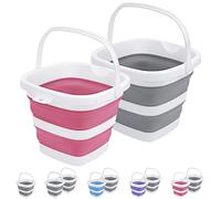 2 Pack Collapsible Buckets 5L 1.3Gallon Small Cleaning Bucket for Household Portable Plastic Bucket Outdoor Car Washing Tub Foldable Camping Beach Sand Water Pot Pail Space Saving Square Grey and Pink