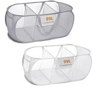 2 Pack Collapsible Laundry Basket, 3 Compartment Clothes Hamper | Foldable Mesh Washing Basket With Reinforced Handles, Side Pocket for Bathroom, Bedroom, Dorm and Travel Storage