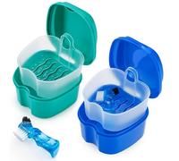 2 Pack Color Retainer Cleaner Case Denture Cups for Soaking Dentures, False Teeth Container Partial Denture Cleaning Case with Lid Travel - Lake Green and Dark Blue