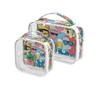 2 Pack Colorful Strange Friends clear decorative clear toiletry bag TSA approved transparent travel makeup bag shaving essentials de maquillaje para, Colorful strange friends, One Size