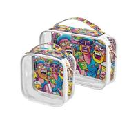 2 Pack Colorful Strange Friends clear decorative hanging travel toiletry TSA approved water-resistant travel cosmetic bags for women Airport Airline Compliant maquillaje para, Colorful strange