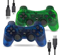 2 Pack Controller for PS3 Wireless Motion Sense Dual Vibration Upgraded Gaming Controller for Play 3 with Charging Cord (Transparent Green and Transparent Blue)