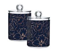 2 PACK Copper Rose Gold Gloss Flower Navy Dark Blue Qtip Holder Dispenser for Cotton Ball, Cotton Swab, Cotton Round Pads, Floss Picks - Plastic Apothecary Jar Set for Bathroom Canister Storage Organi