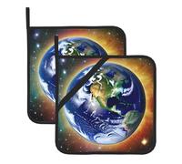 2 Pack Cosmic Earth Square Pot Holders with Hanging Loop, Heat Resistant Oven Mitts Pads for Kitchen Microwave Grilling, Hanging Hot Handle Trivet Set