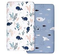 2 Pack Cot Sheets, 100% Microfiber- Breathable, 120 x 60cm Cozy and Lightweight Cot Fitted Sheets, Oeko-tex100, Fits All Bassinet Mattress Shapes, Hourglass, Crib Sheets for Oval (Whales)