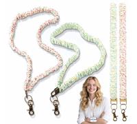 2 Pack Cottagecore-Style Scrunchie Lanyards for ID Badges and Keys - Pink & Green Floral Print Retractable Keychain Neck Stretchy Lanyard with Clip Closure for Teachers, Nurses, School, Office