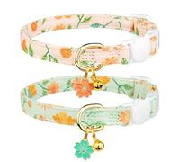 2 Pack Cotton Breakaway Cat Collar Beige and Green Flowers Pendant Cute Kitten Cat Collar with Bell(Beige&Green)
