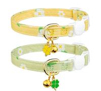 2 Pack Cotton Breakaway Cat Collar Green and Yellow Flowers Pendant Cute Kitten Cat Collar with Bell