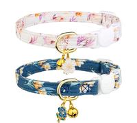 2 Pack Cotton Breakaway Cat Collar White and Blue Flowers Pendant Cute Kitten Cat Collar with Bell