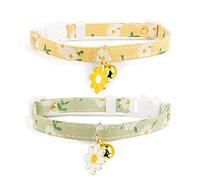 2 Pack Cotton Breakaway Cat Collar with Bell Yellow&Green Flowers Pendant Cute Kitten Cat Collar Suitable for Girls and Boys
