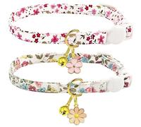 2 Pack Cotton Breakaway Cat Collars Set with Bell and Flower Pendant, Cute Floral Fruit Patterned, Adjustable 7.5-11Inch, Include A Mouse Toy Gift (Vintage+ Small Pink Flower)