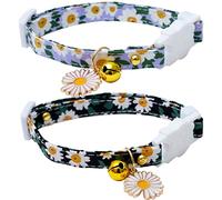 2 Pack Cotton Breakaway Cat Collars with Bell Daisy Pendant Kitty Kitten Collars Black Blue Collar for Female Girl Cats Male Boy Cats
