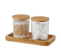 2 Pack Cotton Bud Holder with Bamboo Tray, Glass Cotton Pad Jar with Lids and Sealing Silicone Ring, Cotton Buds Container Box Set for Bathroom Makeup Storage Pot Cotton Ball Storage (Transparent-B)