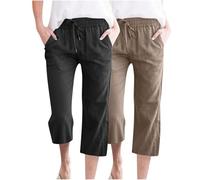 2 Pack Cotton Linen Trousers for Women UK Elasticated Waist Capri Pants Ladies Drawstring 3/4 Length Trouser Summer Cropped Pant Solid Color Loose Fit Casual Straight Leg Bottoms with Pockets S-3XL