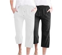 2 Pack Cotton Linen Trousers for Women UK Elasticated Waist Capri Pants Ladies Drawstring 3/4 Length Trouser Summer Cropped Pant Solid Color Loose Fit Casual Straight Leg Bottoms with Pockets S-3XL
