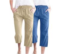2 Pack Cotton Linen Trousers for Women UK Elasticated Waist Capri Pants Ladies Drawstring 3/4 Length Trouser Summer Cropped Pant Solid Color Loose Fit Casual Straight Leg Bottoms with Pockets S-3XL