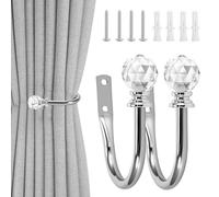 2 Pack Curtain Holdbacks, U Form Crystal Ball Curtain Tie Backs Hooks, Heavy Duty Metal Curtain Tie Backs, Wall Mounted Decorative Drapery Holdbacks for Fixed Curtain or Hanging Items(Sliver)