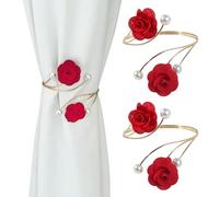 2 Pack Curtain Tiebacks,Red Rose with Pearls Curtain Holdbacks, Decorative Gold Curtain Tiebacks, Handmade Flower Curtain Holdbacks No Drill, Boho Curtain Holder for Home Office Decor