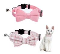 2 Pack Cute Cat Collars for Girl Cats Pink Kitten Bowtie Collar with Bells Breakaway Safety Collars Plaid Solid Color Gift Pet Collar Set Festive for Female Cats