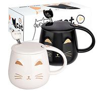 2 Pack Cute Cat Mugs Cat Coffee Mug Set with lid and Lovely Kitty Spoon Novelty Morning Tea Milk Mug Set for Cat Lovers Girls Women Christmas Birthday Gift 450ML/15oz,White and Black