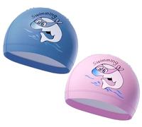 2 Pack Cute Dolphin Kids PU Fabric Swimming Caps 3-12 Years Girls Boys Breathable Waterproof Swim Hat Child Anti Slip Stretchy Cosy Swim Turban Cap Hair Wrap Cover Pool Cap