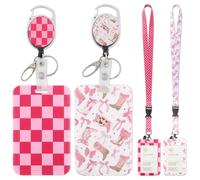 2 Pack Cute ID Badge Holder with Breakaway Lanyard and Retractable Badge Reel, Pink Cowgirl Boots Bow Plaid Design, Vertical ID Card Holder for Teachers Nurses Students Office Staff