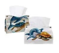 2 pack Cute Ocean Dolphin with Sea Turtle (2) Tissue Box Cover, Modern Holder - Decorative Holder/Organizer for Bathroom Vanity Countertop, Night Stands, Office Desk & Car