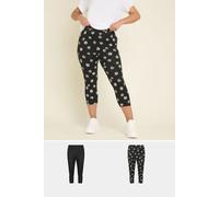 Yours 2 Pack Curve Black Daisy Print Cropped Leggings - Women's - Plus Size Curve