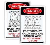 2 Pack Danger - Protected by Razor Wire & Barbed Wire, Do Not Climb Sign 10"x 7" .04" Aluminum Sign Rust Free Aluminum-UV Protected and Weatherproof