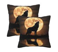 2-Pack Decorative Throw Pillow Covers, Soft Wolf Howling Under Moon Print Cushion Case Sofa Pillowcase Home Decor