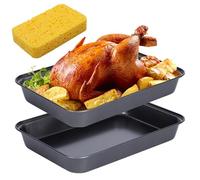 2 Pack Deep Roasting Trays for Oven, 37.5 x 25.5 x 5cm Non-Stick Carbon Steel Baking Trays, Large Oven Tray Set for Roast Dinner, Lasagne, Brownies and Cake, Easy Clean