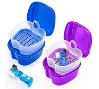2 Pack Denture Bath Case Dental False Teeth Holder with Brush, Retainer Cleaning Case Denture Bath Cup Storage False Teeth Travel Case with Strainer - Purple and Dark Blue