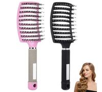 2 Pack Detangling Hairbrush for Women, Men and Kids, Boar Bristle Curved Vent Detangle Brush for Long Thick Thin Curly Wet Afro or Dry Hair, Soft Massage Smoothing,Rubber Handle(Black&Pink)