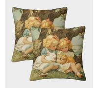 2 Pack Digital Printing 3D Two Little Blonde Girls Sitting Under A Tree Theme Square Cushion Cover 40x40cm Suitable for Outdoor Home Bed Decoration White Rabbit Orange Kitten Pattern