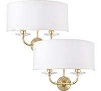 Loops 2 PACK Dimmable Twin Wall Light Brass Glass White Fabric Shade Curved Arm Lamp Loops White