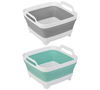 2 Pack Dishpan for Washing Dishes, Wash Basin with Draining Plug Carry Handles, Collapsible Bucket for Cleaning, Portable Sink, Foldable Plastic Tub, 2.4Gal/9L Each