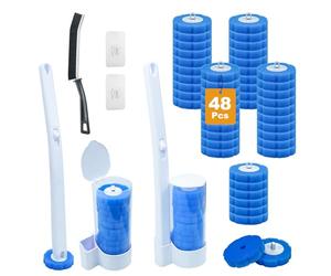 2 Pack Dispasable Toilet Brush and Holder Set, with 48 PCS Toilet Cleaner Refills, Disposable Toilet Cleaning System, Wall Mounted or Floor Standing, for Bathroom, Sink, Bathtub, and Floor Cleaning