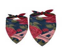 2 Pack Dog Bandana Red Roses and Eifel Tower Paris Girl Boy Bibs Dog Scarf Kerchief Accessories for Small Medium Large Dogs Puppy Cat Pet