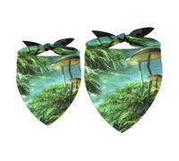 2 Pack Dog Bandana River with Pond, Red Fishes Mushroom Girl Boy Bibs Dog Scarf Kerchief Accessories for Small Medium Large Dogs Puppy Cat Pet