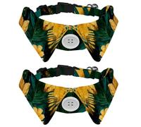 2 Pack Dog Bow Tie Collars, Cat Collar with Bell and Quick Release Buckle for Small Pets, Abstract Art Golden Plants Tropical Leaves