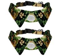 2 Pack Dog Bow Tie Collars, Cat Collar with Bell and Quick Release Buckle for Small Pets, Beer and Clover Leaves on Dark Green Background