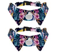 2 Pack Dog Bow Tie Collars, Cat Collar with Bell and Quick Release Buckle for Small Pets, Parrot Banana Leaves Palm Leaf Hibiscus Flower